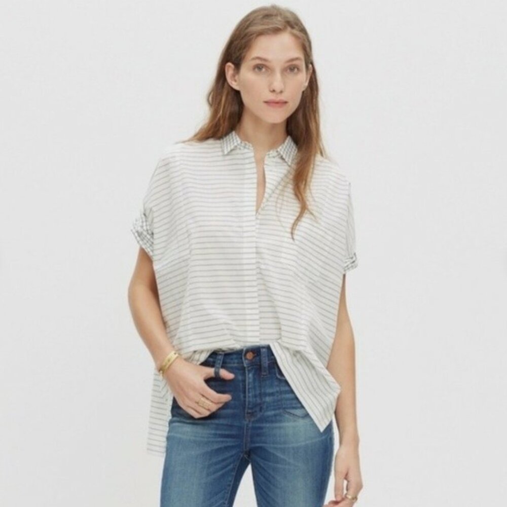 Madewell Grid Mix Stripe Short Sleeve Shirt Blouse Button Front Size S